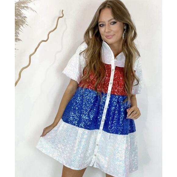 Peach Love Women’s Medium Sequin Dress Button Down Red White Blue Party Tunic - Picture 1 of 11